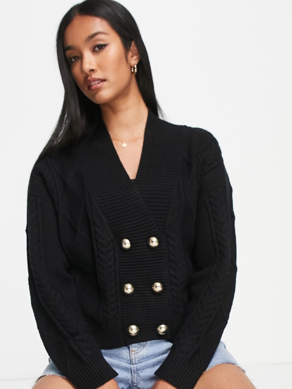 Mango Black Double-Breasted Cable-Knit Cardigan with Gold Buttons